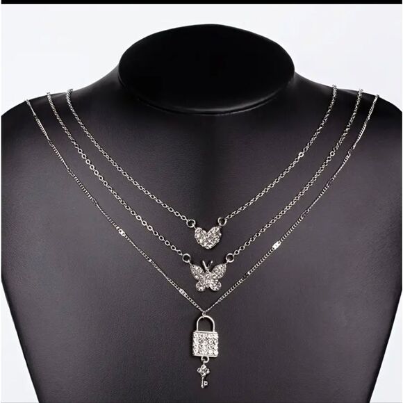 Silver Heart Butterfly Lock Pendant Layered Necklace - Picture 2 of 4